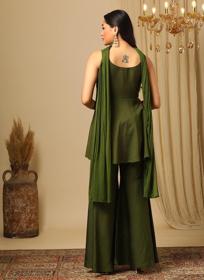 Globus Women Embroidered Sleeveless Tunic Trouser & Dupatta Co-Ords - Image 4